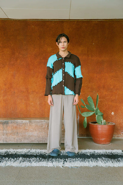 Leon Shirt with detachable sleeve in Brown & Light Blue